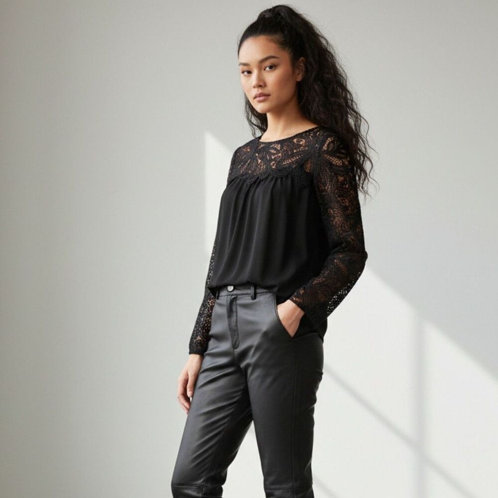 Lilly Pulitzer Keegan Blouse XL Black Onyx Lace Yoke Sleeve Top Boho Classic